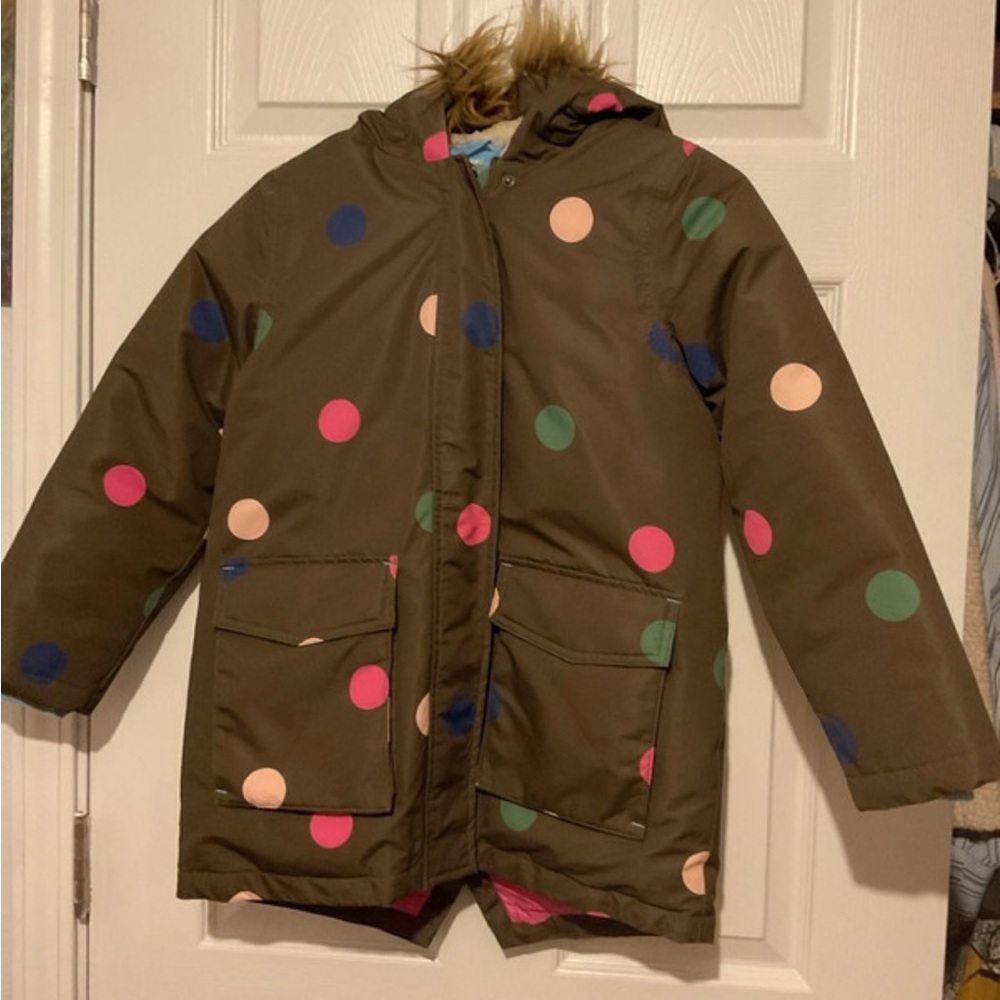 Mini Boden Olive Hooded Puffer Jacket with Multicolor Polka Dots